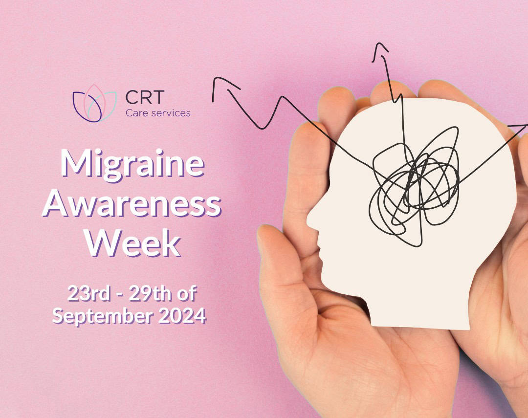 CRT logo featured at the top with the text, "Migraine Awareness Week 23 - 27th September 2024" beneath it. Image has a blue background with a pair of hands featured on the right hand side. The hands are holding a paper cut out of a head with scribbles draw in and around the head shape.