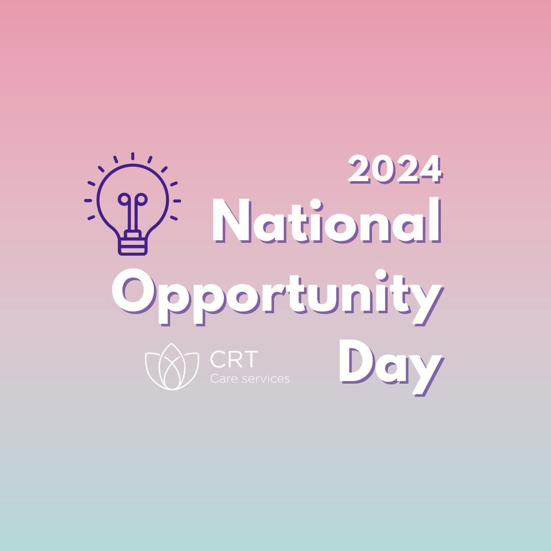 Pink to green gradient background to represent CRT's brand colours. Lightbulb icon to symbolise ideas and opportunities. Text says "2024 National Opportunity Day" with the CRT logo placed underneath.