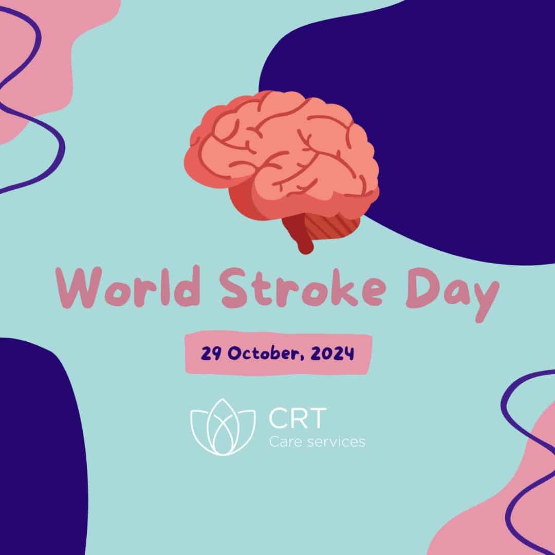 Illustration for World Stroke Day on 29 October 2024, featuring a graphic of a brain, with the logo of CRT Care Services at the bottom.